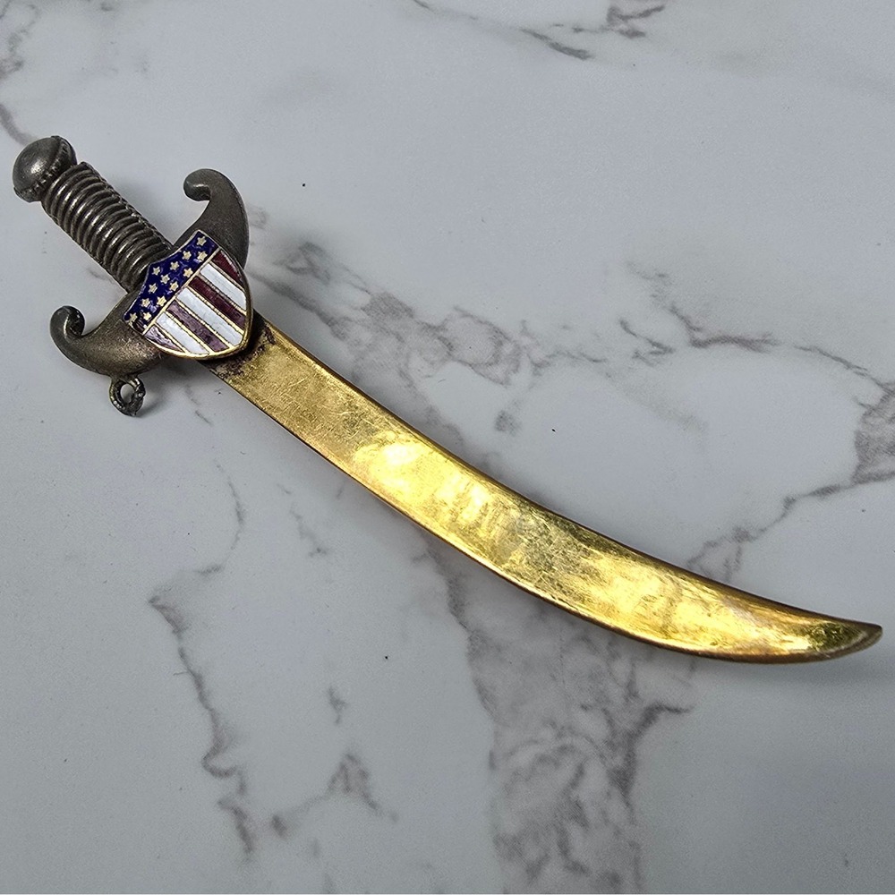 Vintage Scimitar Sword Brooch American Flag Shield Gold Silver Tone Pin 4 Inch